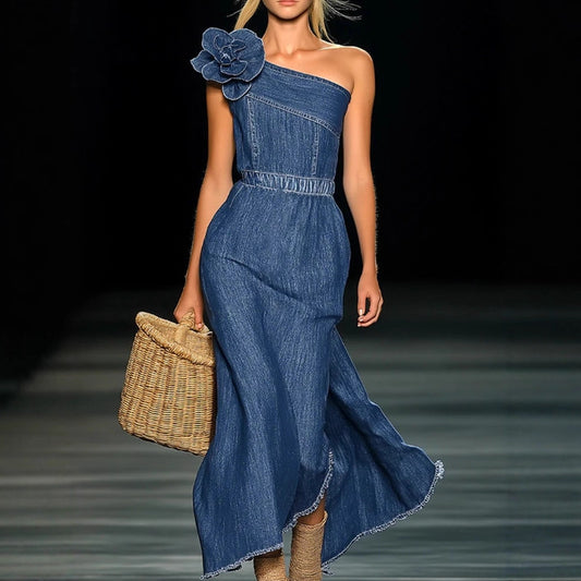 Elegant Strapless Denim 3D Floral Maxi Dress – Off-Shoulder A-Line Flowy Gow