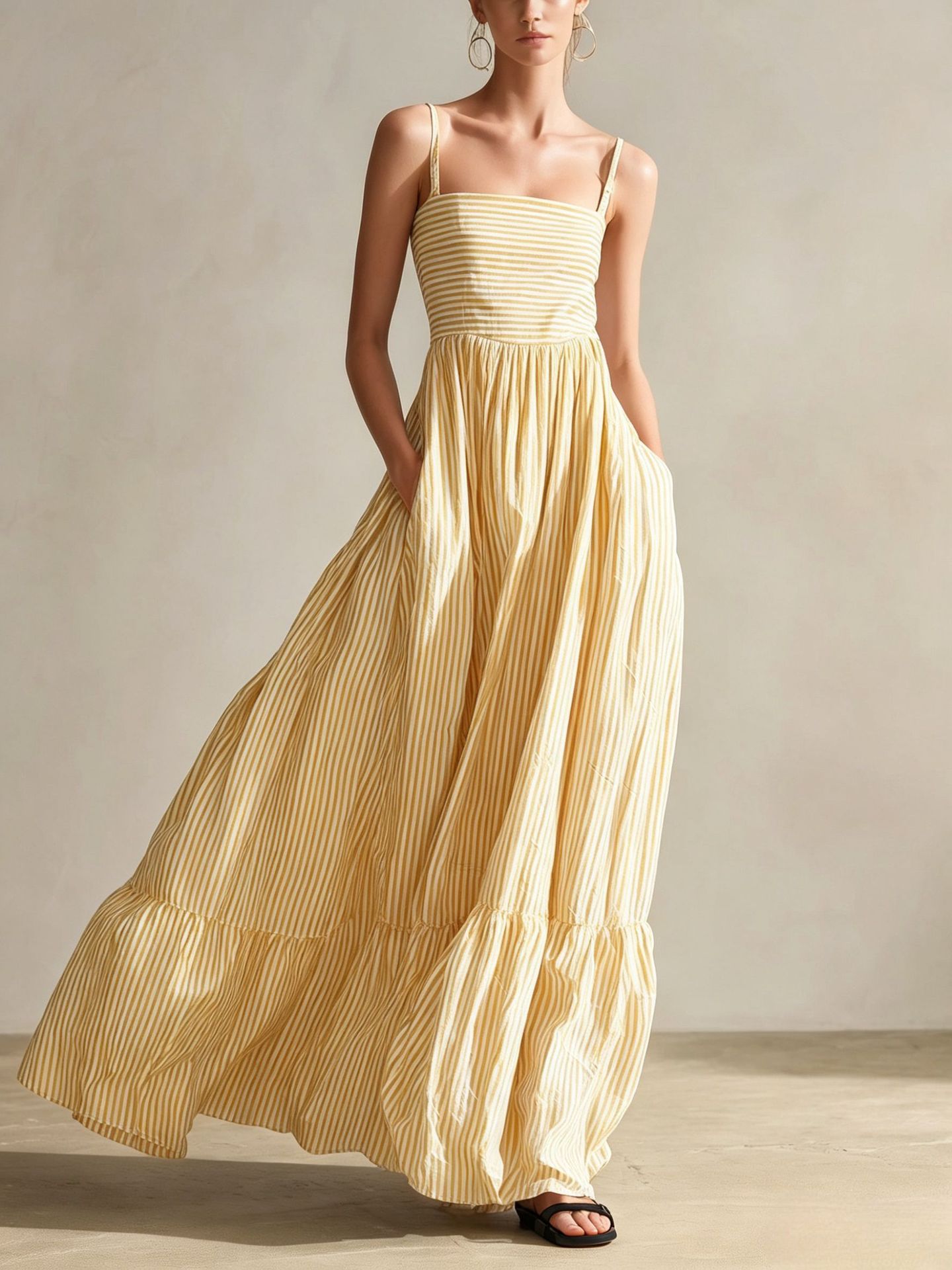 Striped Sleeveless Thin Strap Maxi Dress – High Waist Flowing Long Dress