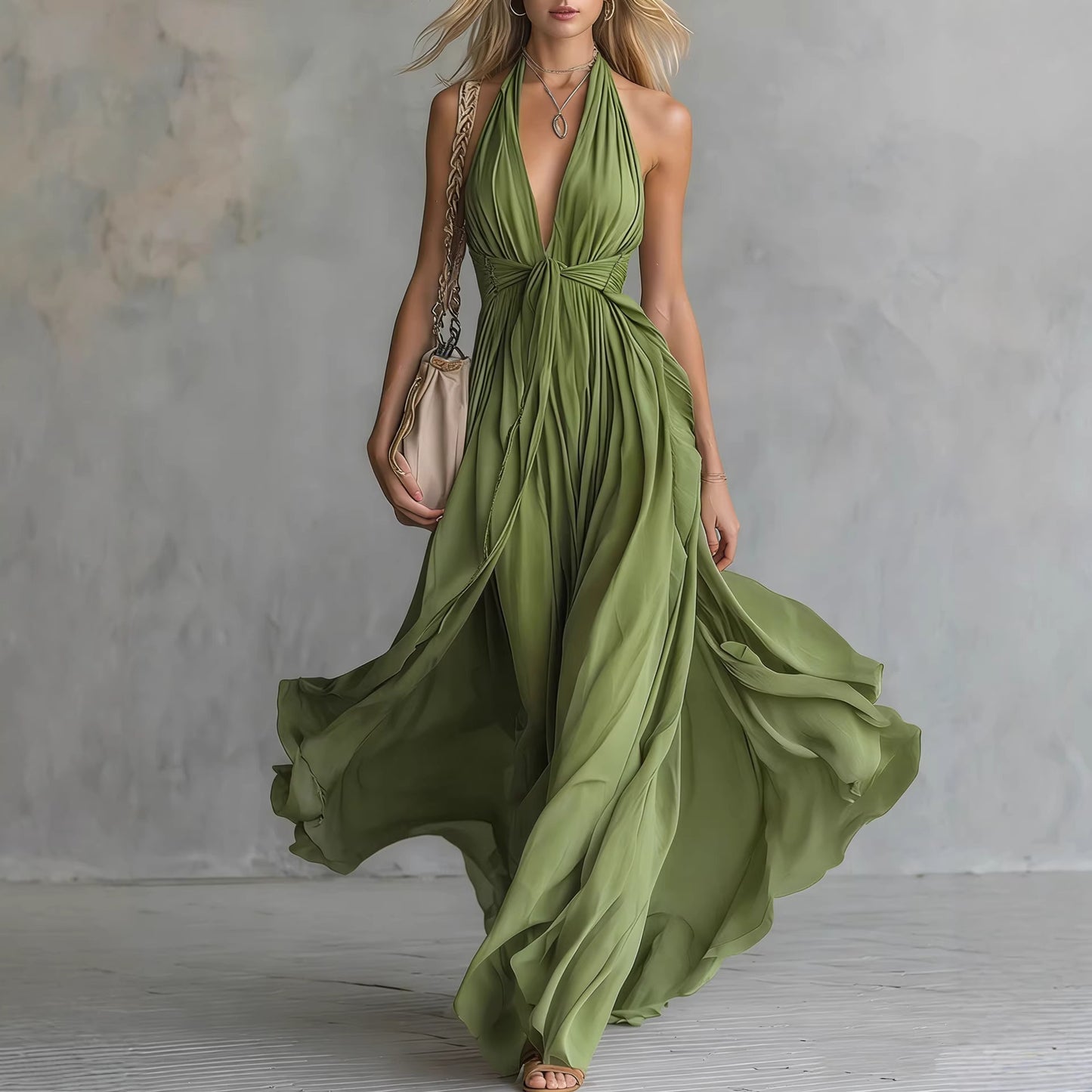 Solid Color V-Neck Sleeveless Waist-Cinching Maxi Dress – Elegant Fit & Flare