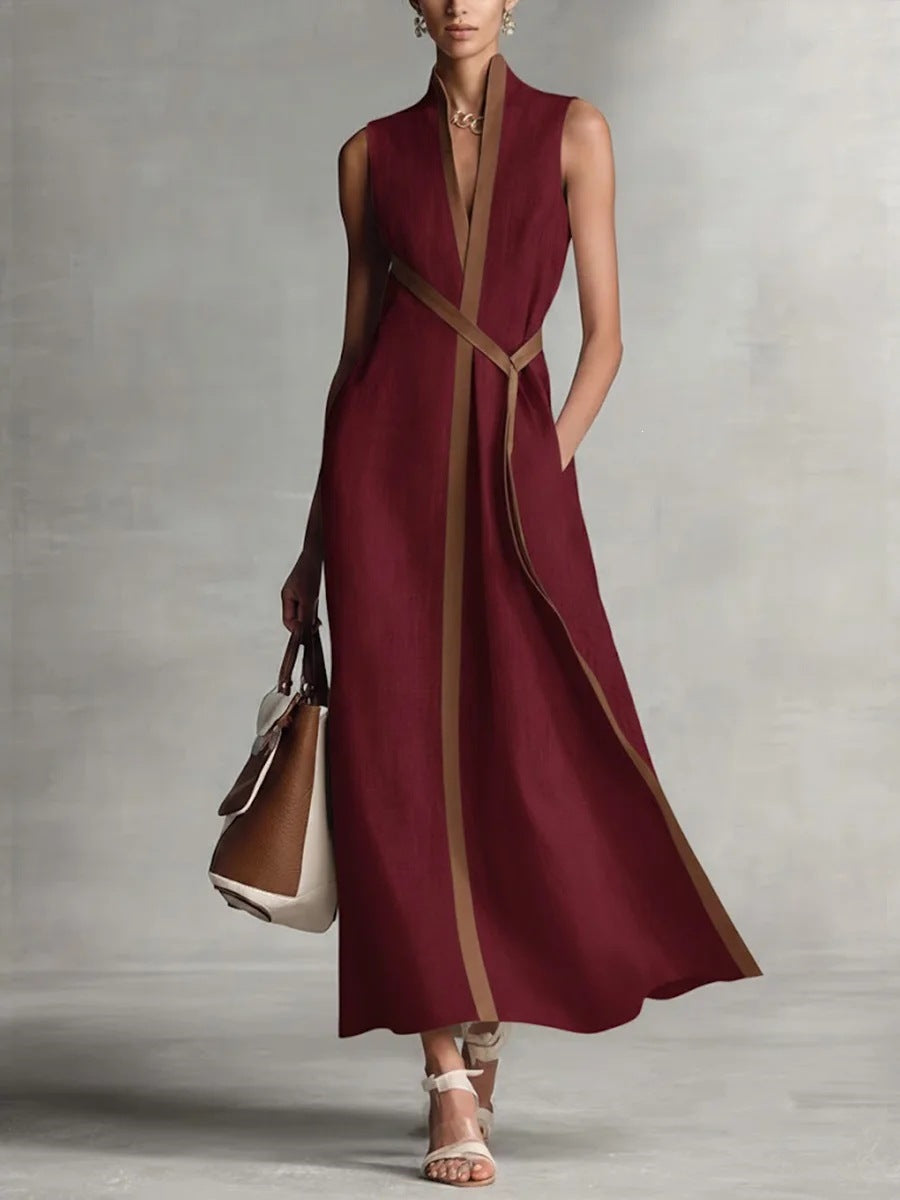 Color Block Sleeveless Stand Collar Linen Blend Dress – Elegant Summer Midi Dress