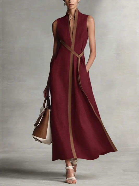 Color Block Sleeveless Stand Collar Linen Blend Dress – Elegant Summer Midi Dress