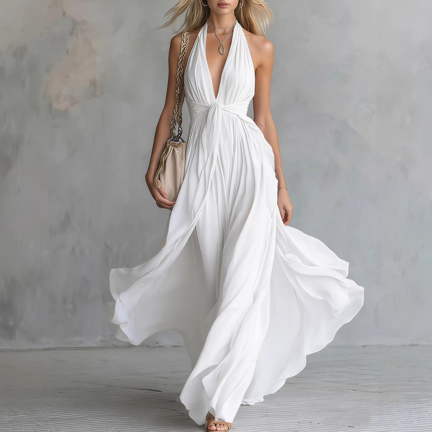 Solid Color V-Neck Sleeveless Waist-Cinching Maxi Dress – Elegant Fit & Flare