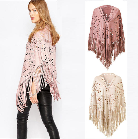 Boho Tassel Shawl Deerskin Velvet Cape