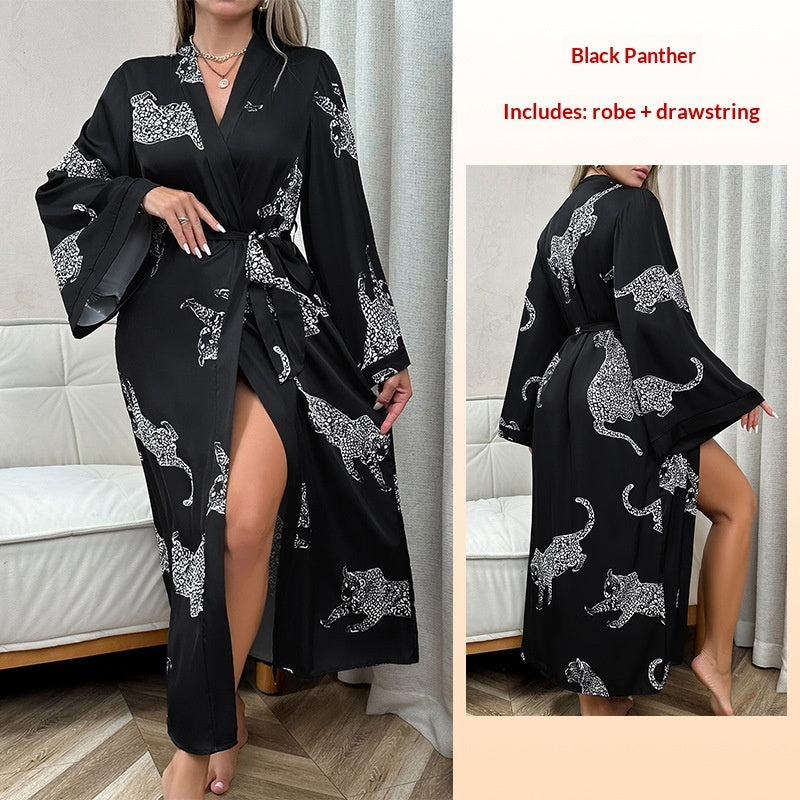 Women's Long Satin Bathrobe Pajamas – Imitation Silk Leopard Print Kimono Robe