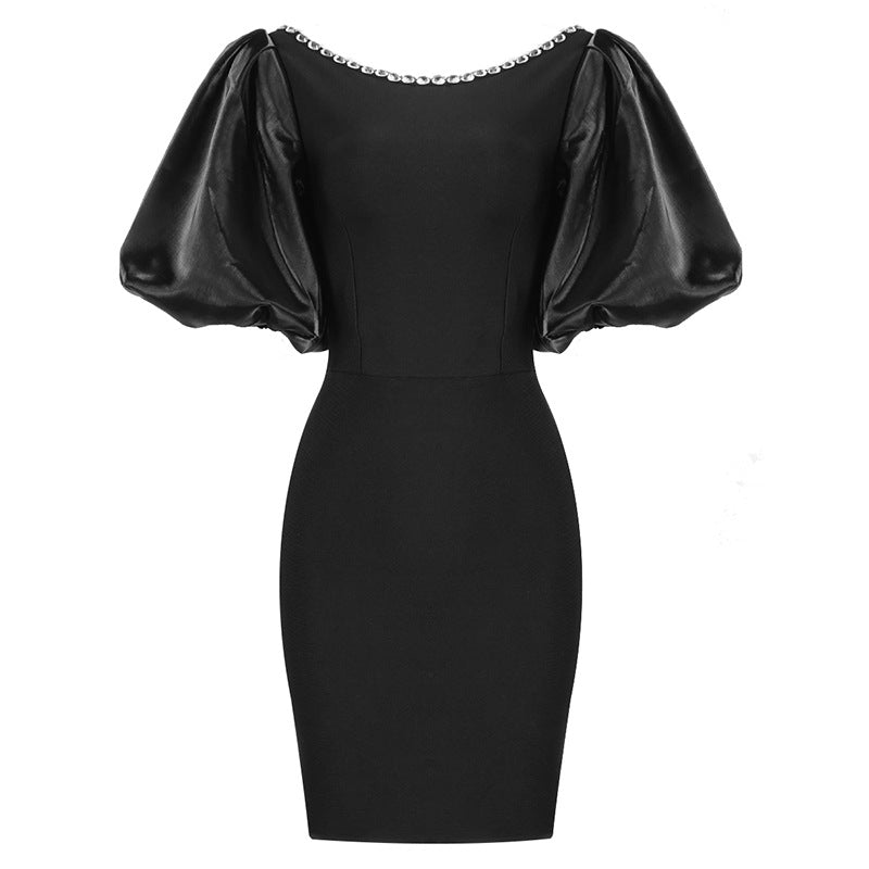 Black Puff Sleeve High Waist Slim Fit Mini Dress – Elegant Short Party Dress