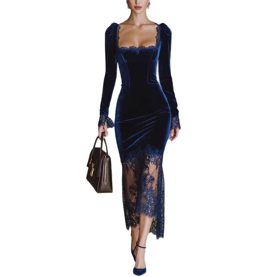 Women's Elegant French-Style Lace Velvet Cocktail Dress – Long Sleeve A-Line Midi