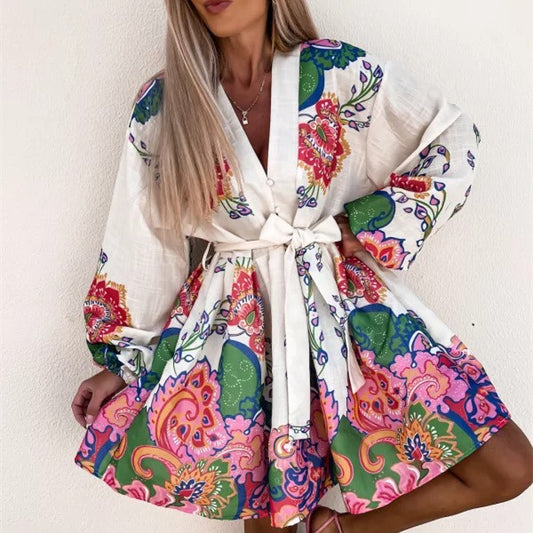 Haute Boho Women's Colorful Pullover Bohemian Long Sleeve V-Neck Dress