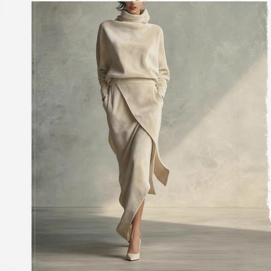 Solid Color Velvet Suede A-Line Midi Dress – Elegant Long Sleeve High Waist Dress