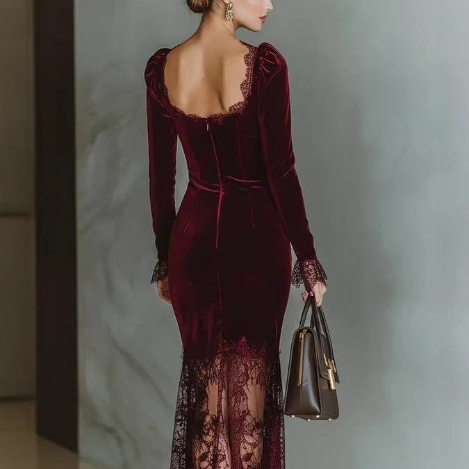 Women's Elegant French-Style Lace Velvet Cocktail Dress – Long Sleeve A-Line Midi