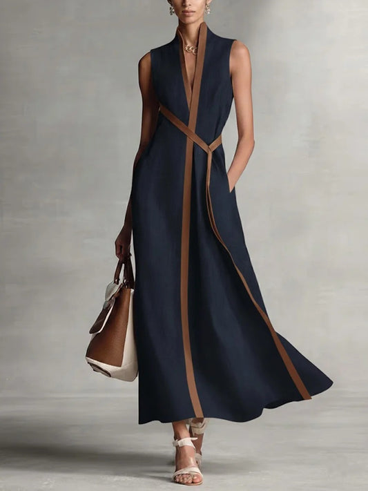 Color Block Sleeveless Stand Collar Linen Blend Dress – Elegant Summer Midi Dress