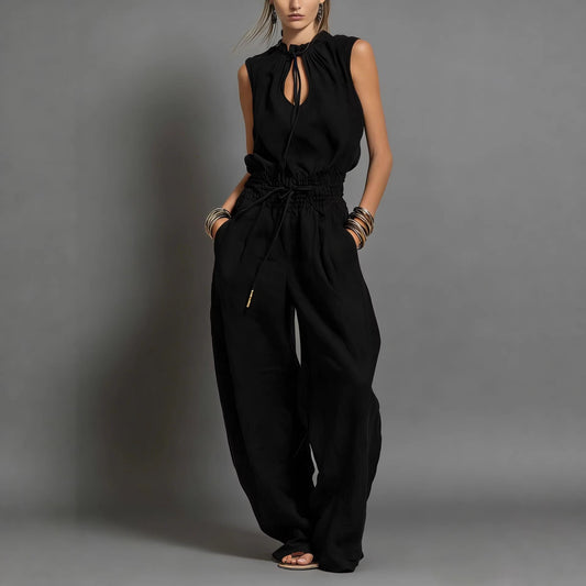 Street Style Loose Fit Sleeveless Waist-Cinching Wide Leg Jumpsuit – Solid Color Pleated Rompe
