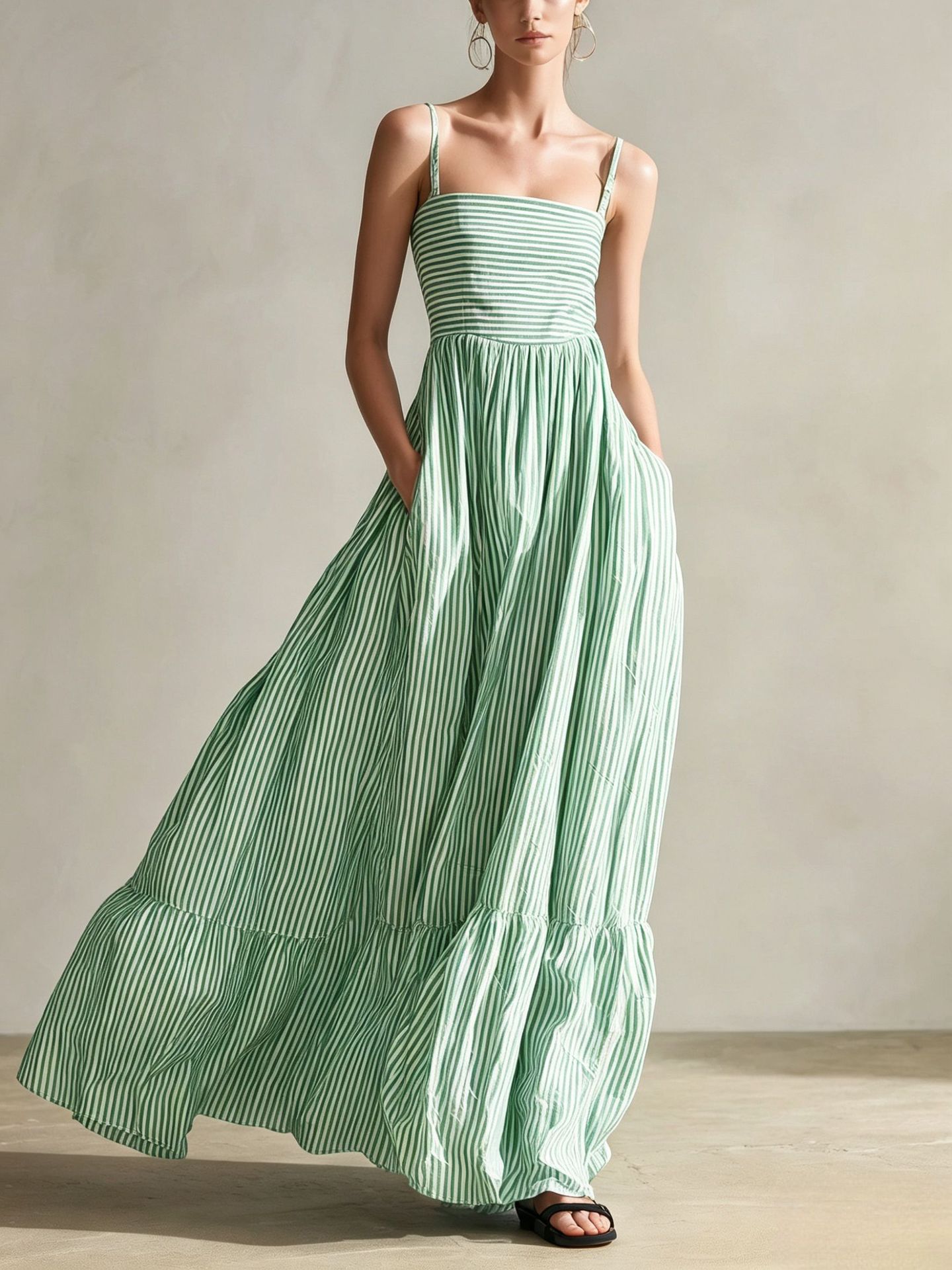 Striped Sleeveless Thin Strap Maxi Dress – High Waist Flowing Long Dress