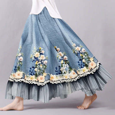Vintage Floral Lace Patchwork Flowy Midi Skirt – Artistic Blue Boho A-Line Skirt