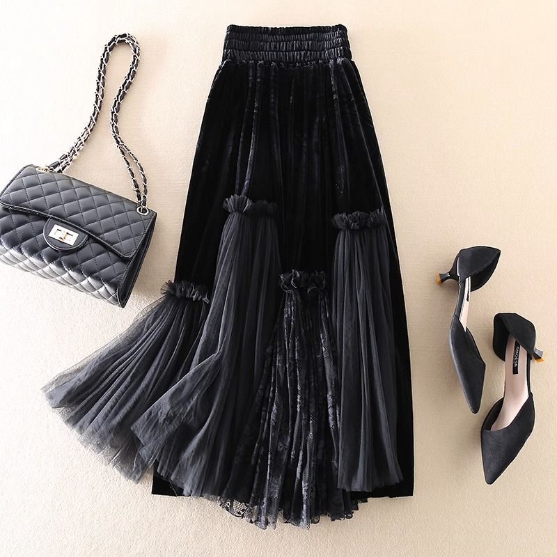 Velvet Stitching Mesh Pleated Skirt – Elegant Black High Waist Mini Skirt