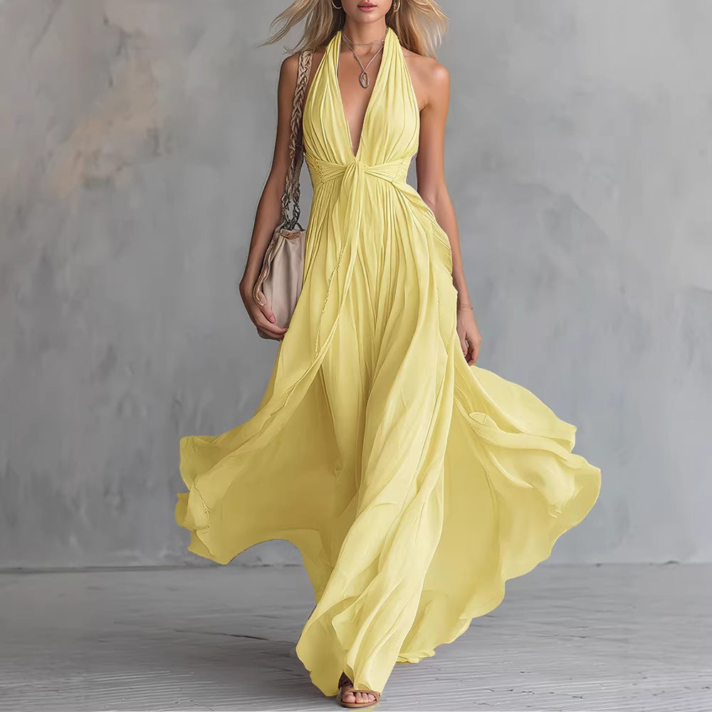 Solid Color V-Neck Sleeveless Waist-Cinching Maxi Dress – Elegant Fit & Flare