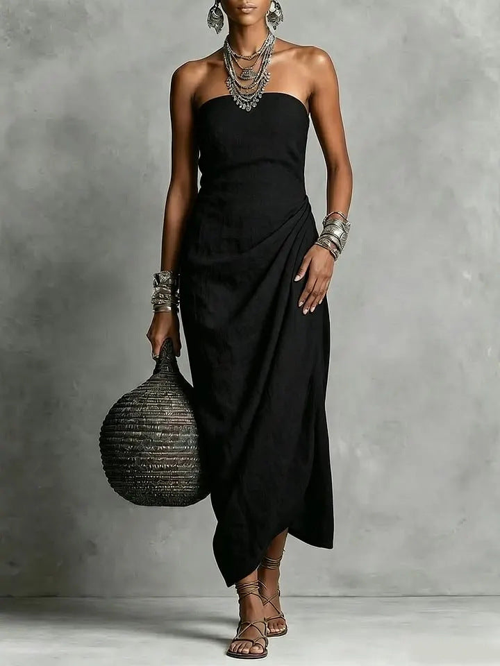 Strapless Pleated Linen Cotton Dress