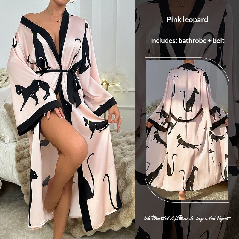 Women's Long Satin Bathrobe Pajamas – Imitation Silk Leopard Print Kimono Robe
