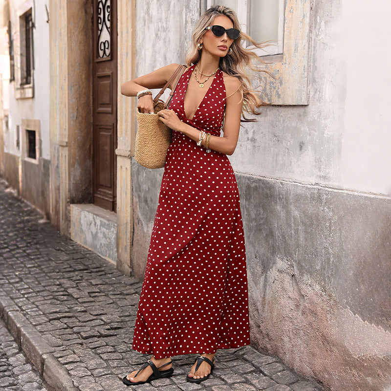 Polka Dot V-Neck High Waist A-Line Midi Dress – Slim Fit Elegant Vintage Dress