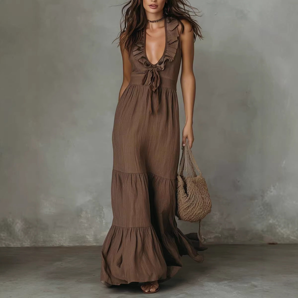 Sleeveless Cotton-Linen V-Neck Maxi Dress – Breathable Straight Cut Long Dress