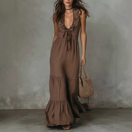 Sleeveless Cotton-Linen V-Neck Maxi Dress – Breathable Straight Cut Long Dress