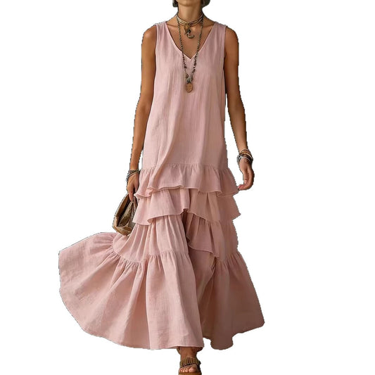 Solid-color Womens Loose-fitting Full-skirted Sleeveless Dress